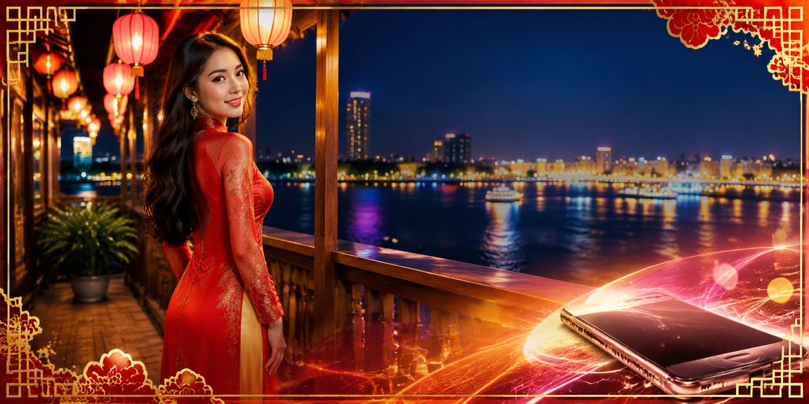Phụ nữ mặc áo dài bên sông Mekong xem thông tin cược và kèo thể thao trên thiết bị di động