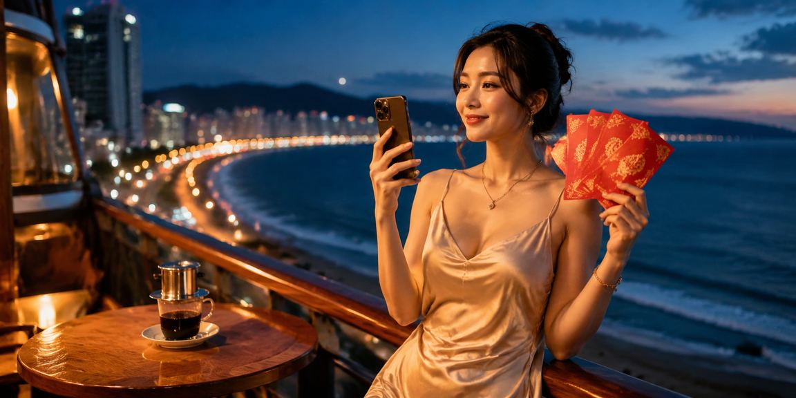 Người dùng kiểm tra tài khoản và thanh toán tại Mũi Né bên ly cà phê
