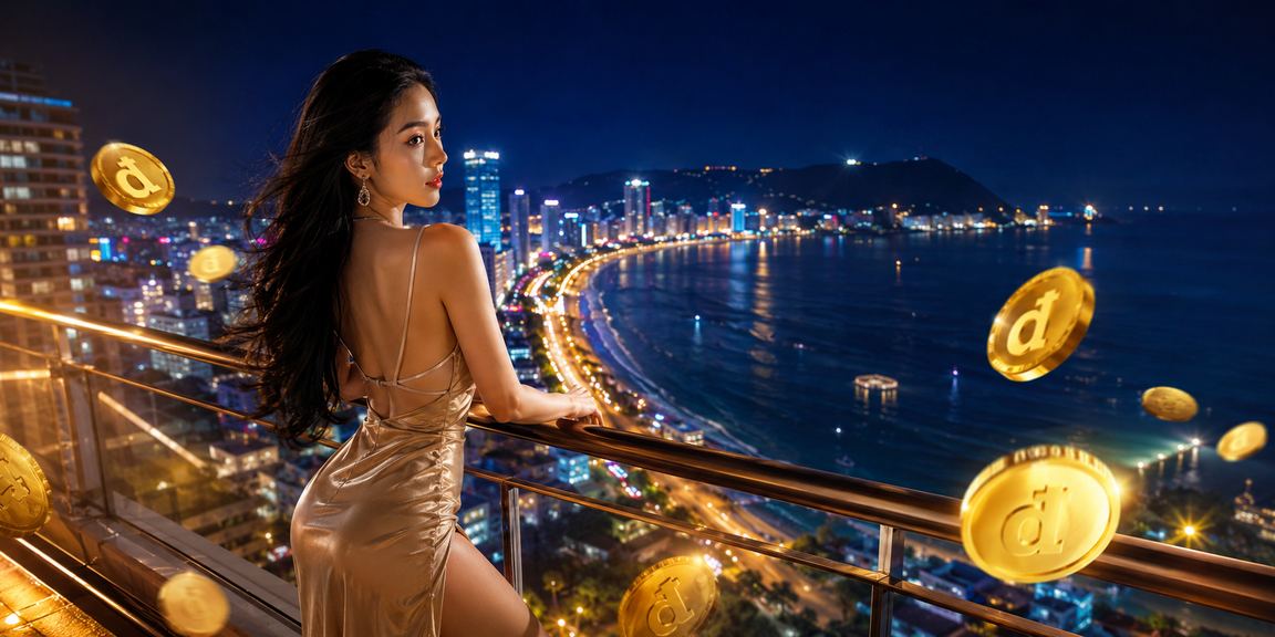Khu vực giải trí và cá cược tại bãi biển Vũng Tàu về đêm, ánh đèn rực rỡ bên bờ biển